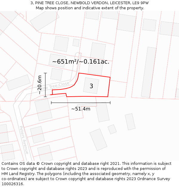 3, PINE TREE CLOSE, NEWBOLD VERDON, LEICESTER, LE9 9PW: Plot and title map