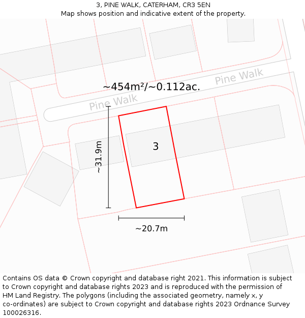 3, PINE WALK, CATERHAM, CR3 5EN: Plot and title map