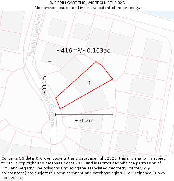 3, PIPPIN GARDENS, WISBECH, PE13 3XD: Plot and title map