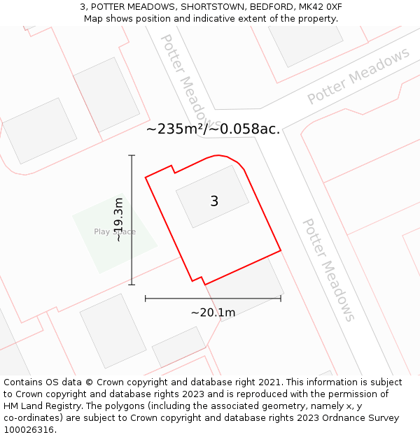 3, POTTER MEADOWS, SHORTSTOWN, BEDFORD, MK42 0XF: Plot and title map