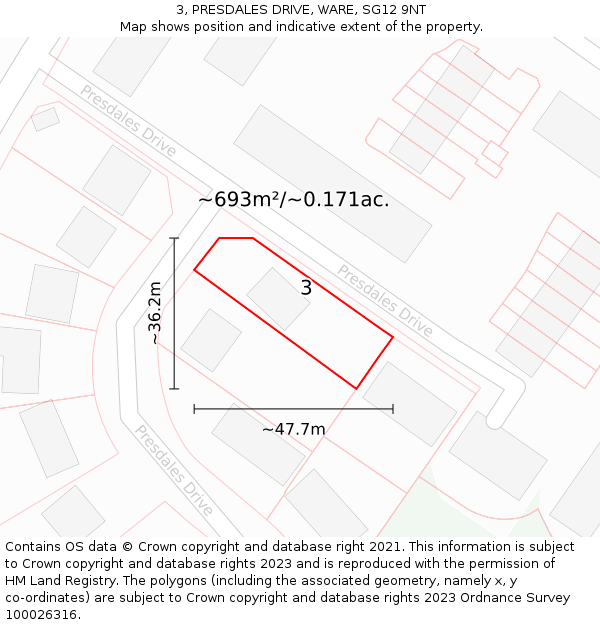 3, PRESDALES DRIVE, WARE, SG12 9NT: Plot and title map