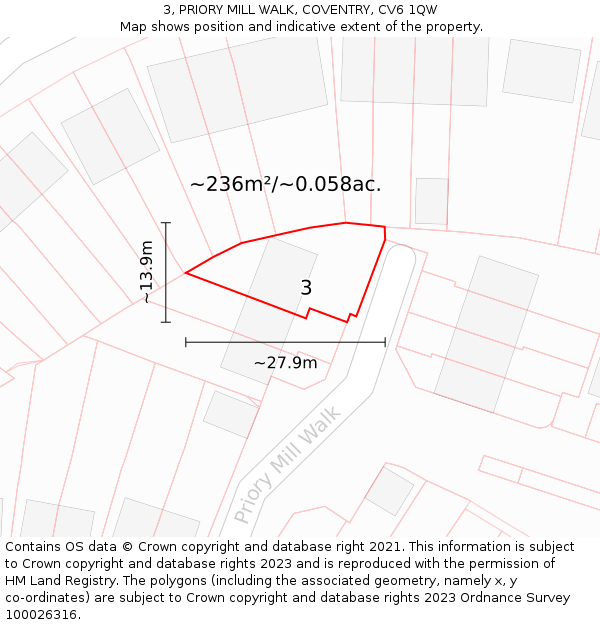 3, PRIORY MILL WALK, COVENTRY, CV6 1QW: Plot and title map