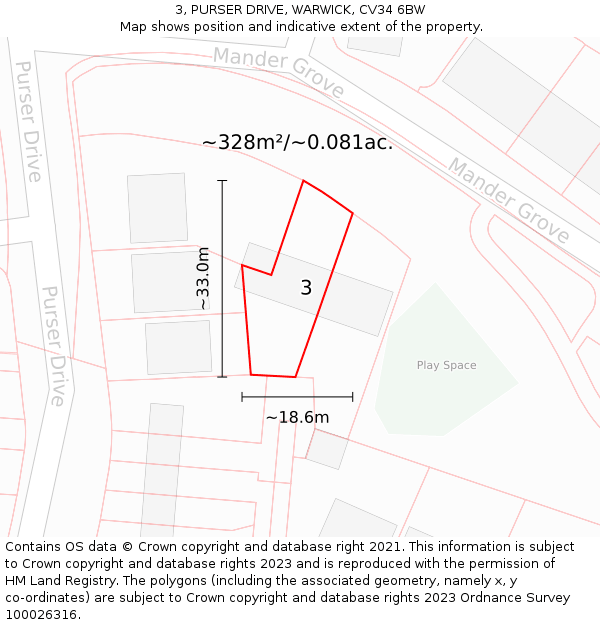 3, PURSER DRIVE, WARWICK, CV34 6BW: Plot and title map