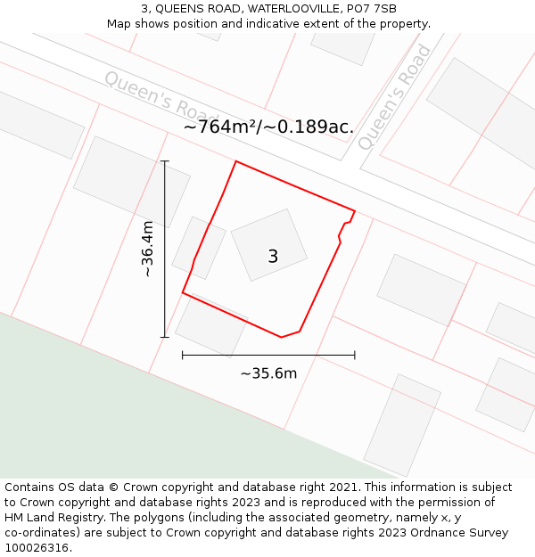3, QUEENS ROAD, WATERLOOVILLE, PO7 7SB: Plot and title map