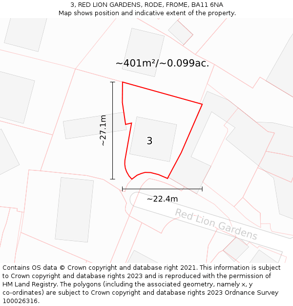 3, RED LION GARDENS, RODE, FROME, BA11 6NA: Plot and title map