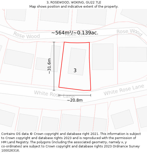 3, ROSEWOOD, WOKING, GU22 7LE: Plot and title map