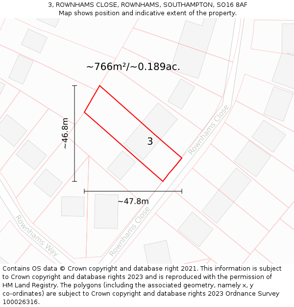 3, ROWNHAMS CLOSE, ROWNHAMS, SOUTHAMPTON, SO16 8AF: Plot and title map