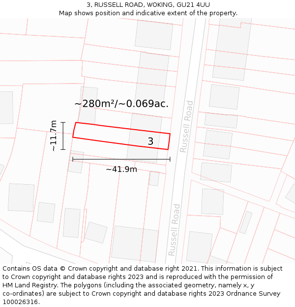 3, RUSSELL ROAD, WOKING, GU21 4UU: Plot and title map