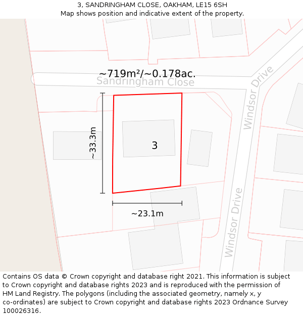 3, SANDRINGHAM CLOSE, OAKHAM, LE15 6SH: Plot and title map