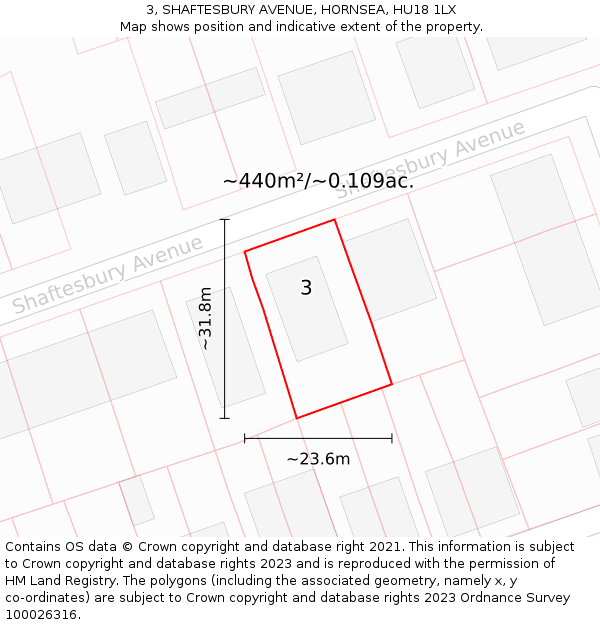 3, SHAFTESBURY AVENUE, HORNSEA, HU18 1LX: Plot and title map