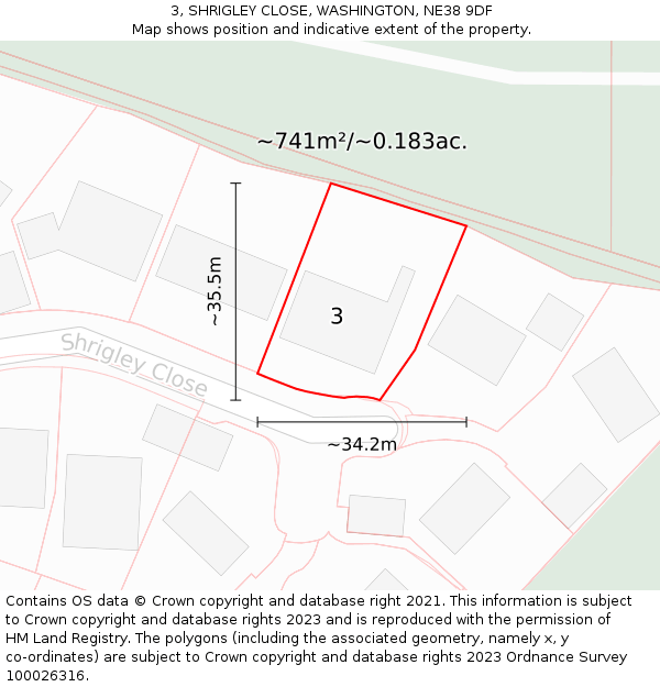 3, SHRIGLEY CLOSE, WASHINGTON, NE38 9DF: Plot and title map