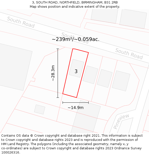 3, SOUTH ROAD, NORTHFIELD, BIRMINGHAM, B31 2RB: Plot and title map