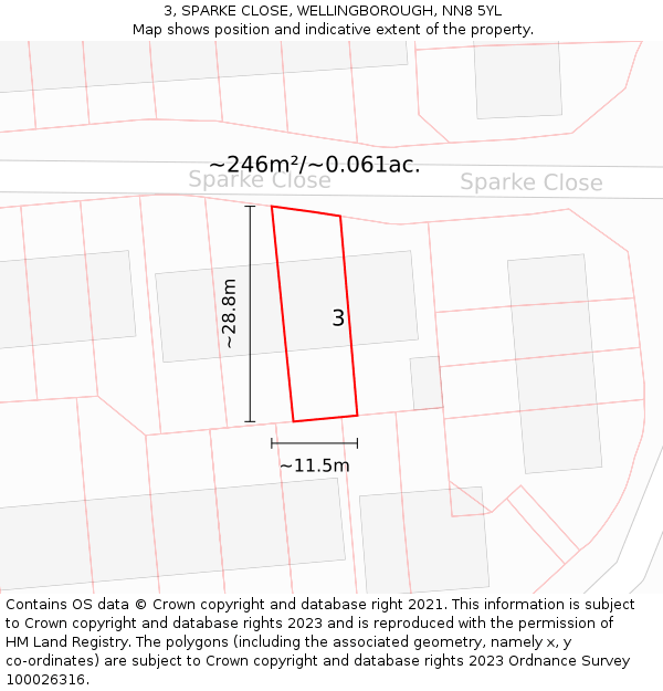 3, SPARKE CLOSE, WELLINGBOROUGH, NN8 5YL: Plot and title map