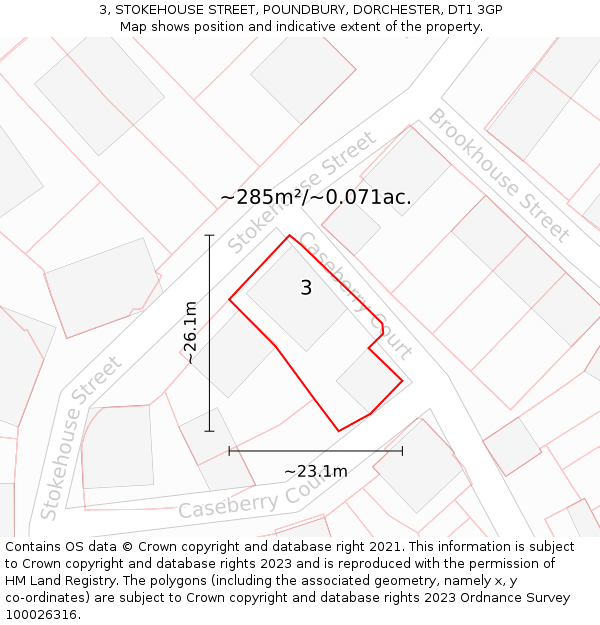 3, STOKEHOUSE STREET, POUNDBURY, DORCHESTER, DT1 3GP: Plot and title map