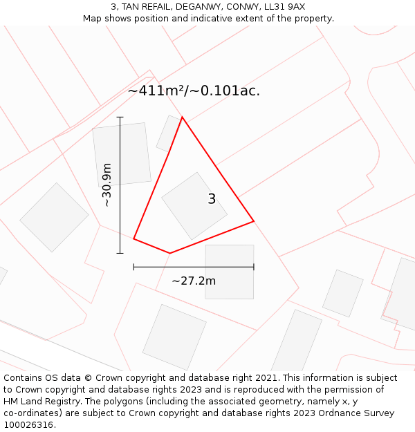 3, TAN REFAIL, DEGANWY, CONWY, LL31 9AX: Plot and title map