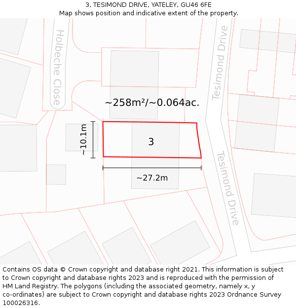 3, TESIMOND DRIVE, YATELEY, GU46 6FE: Plot and title map