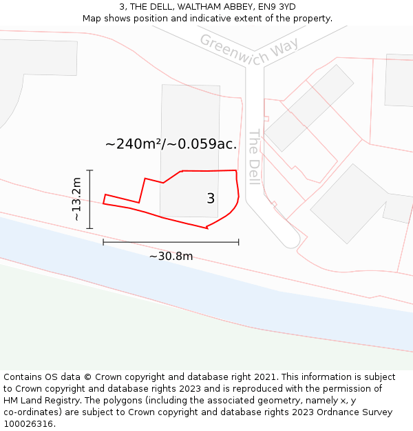 3, THE DELL, WALTHAM ABBEY, EN9 3YD: Plot and title map