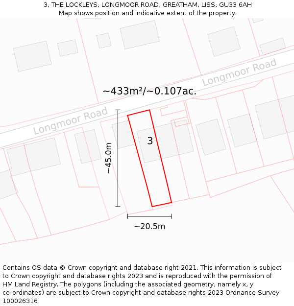 3, THE LOCKLEYS, LONGMOOR ROAD, GREATHAM, LISS, GU33 6AH: Plot and title map