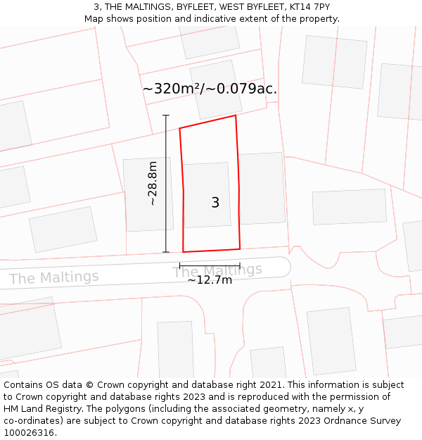 3, THE MALTINGS, BYFLEET, WEST BYFLEET, KT14 7PY: Plot and title map