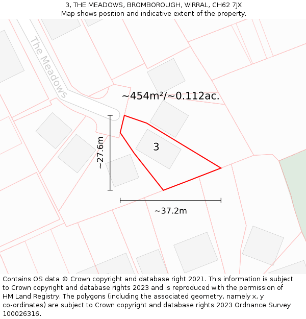 3, THE MEADOWS, BROMBOROUGH, WIRRAL, CH62 7JX: Plot and title map