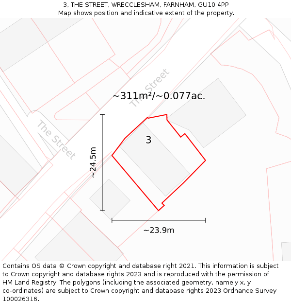 3, THE STREET, WRECCLESHAM, FARNHAM, GU10 4PP: Plot and title map