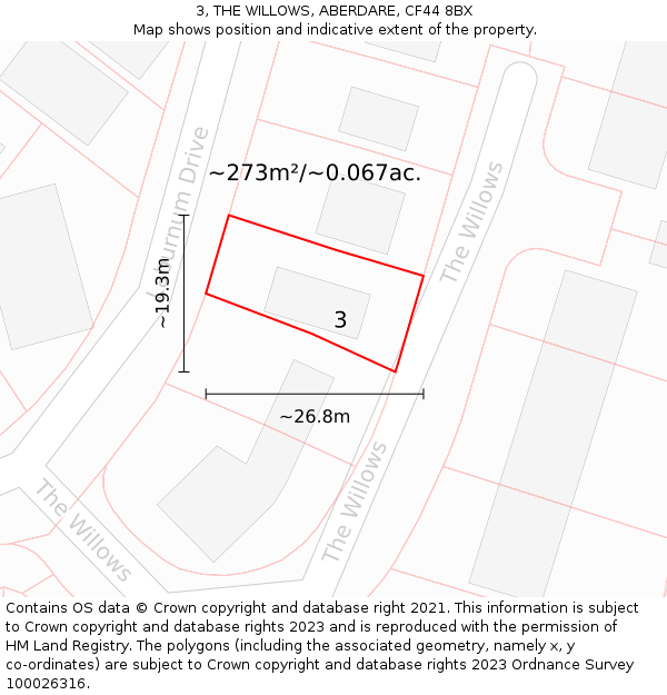 3, THE WILLOWS, ABERDARE, CF44 8BX: Plot and title map