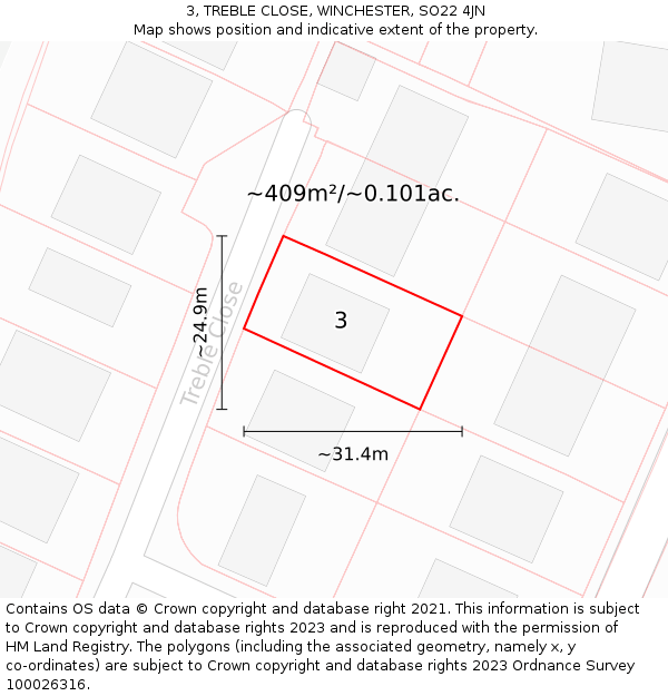 3, TREBLE CLOSE, WINCHESTER, SO22 4JN: Plot and title map