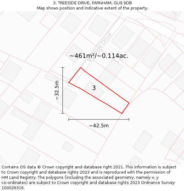 3, TREESIDE DRIVE, FARNHAM, GU9 9DB: Plot and title map