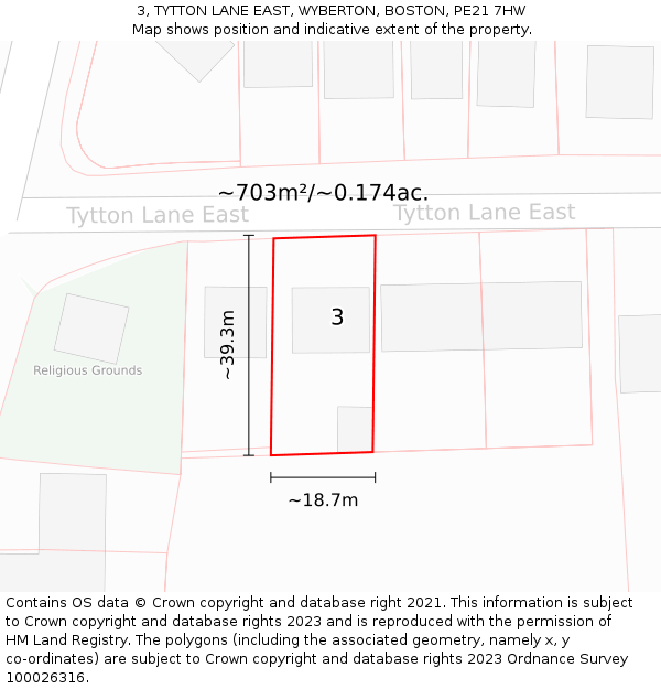 3, TYTTON LANE EAST, WYBERTON, BOSTON, PE21 7HW: Plot and title map