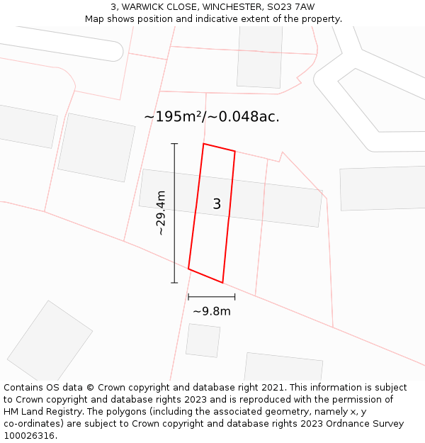 3, WARWICK CLOSE, WINCHESTER, SO23 7AW: Plot and title map