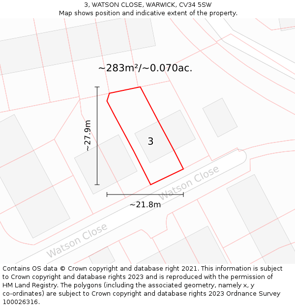 3, WATSON CLOSE, WARWICK, CV34 5SW: Plot and title map