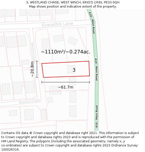 3, WESTLAND CHASE, WEST WINCH, KING'S LYNN, PE33 0QH: Plot and title map