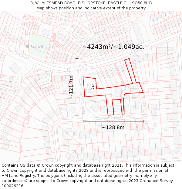 3, WHALESMEAD ROAD, BISHOPSTOKE, EASTLEIGH, SO50 8HD: Plot and title map