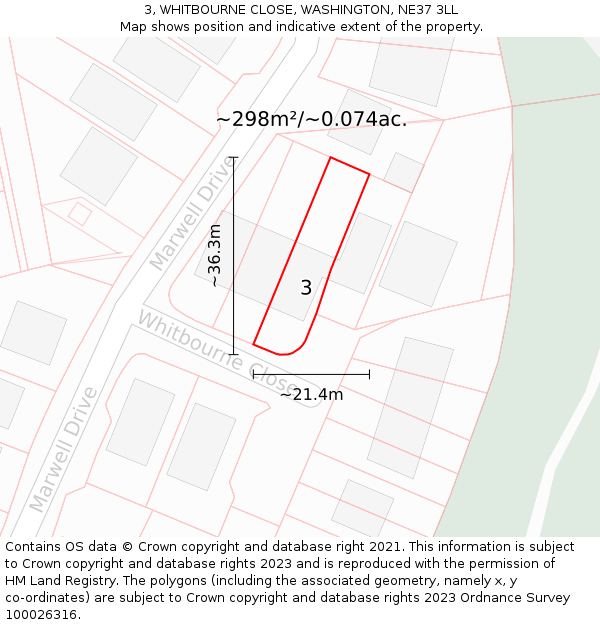 3, WHITBOURNE CLOSE, WASHINGTON, NE37 3LL: Plot and title map