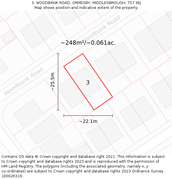 3, WOODBANK ROAD, ORMESBY, MIDDLESBROUGH, TS7 9EJ: Plot and title map