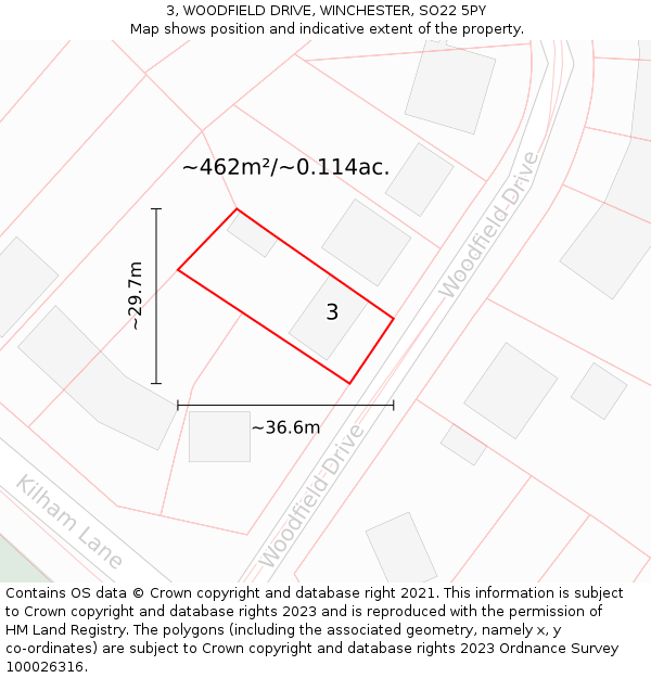 3, WOODFIELD DRIVE, WINCHESTER, SO22 5PY: Plot and title map