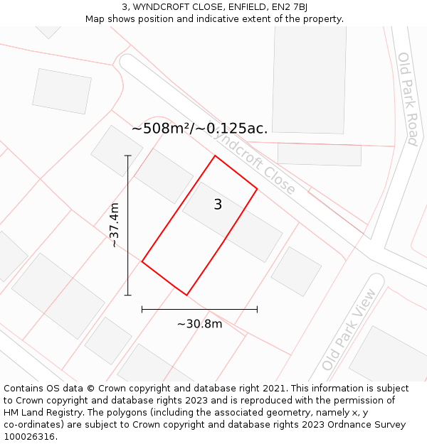 3, WYNDCROFT CLOSE, ENFIELD, EN2 7BJ: Plot and title map