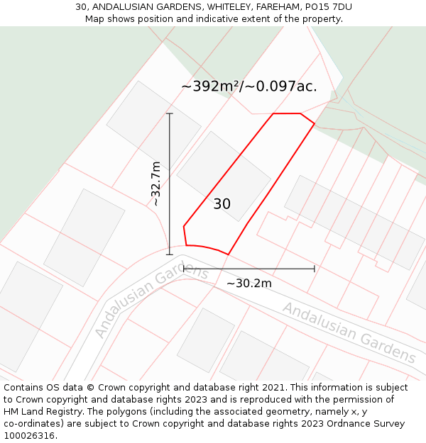 30, ANDALUSIAN GARDENS, WHITELEY, FAREHAM, PO15 7DU: Plot and title map