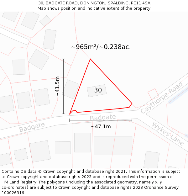 30, BADGATE ROAD, DONINGTON, SPALDING, PE11 4SA: Plot and title map