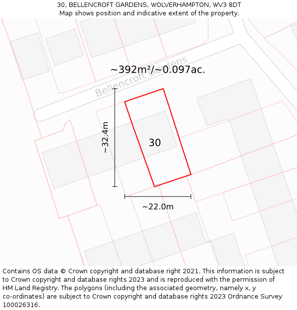 30, BELLENCROFT GARDENS, WOLVERHAMPTON, WV3 8DT: Plot and title map