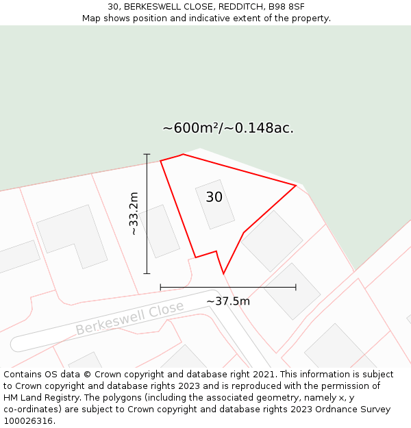 30, BERKESWELL CLOSE, REDDITCH, B98 8SF: Plot and title map