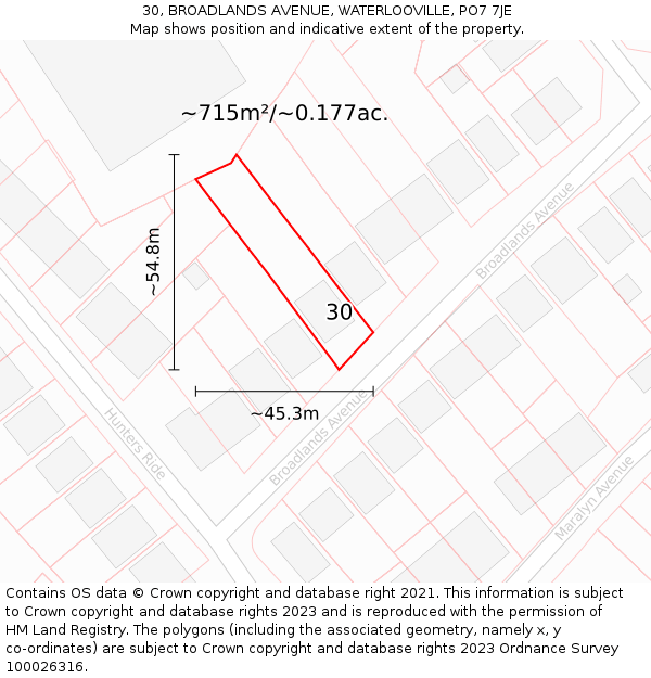 30, BROADLANDS AVENUE, WATERLOOVILLE, PO7 7JE: Plot and title map