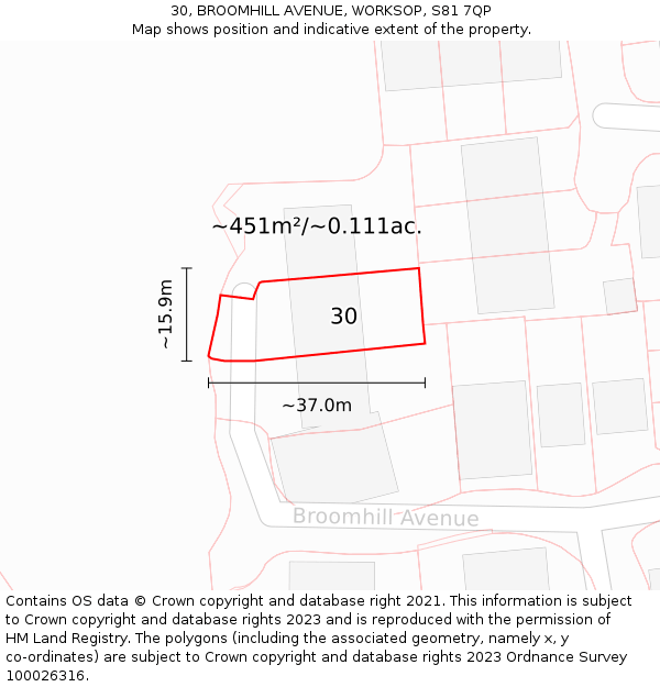 30, BROOMHILL AVENUE, WORKSOP, S81 7QP: Plot and title map