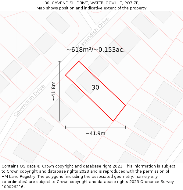 30, CAVENDISH DRIVE, WATERLOOVILLE, PO7 7PJ: Plot and title map