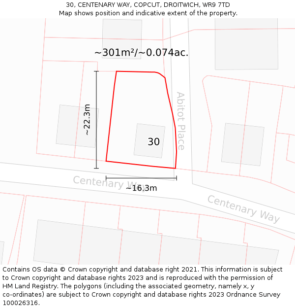 30, CENTENARY WAY, COPCUT, DROITWICH, WR9 7TD: Plot and title map