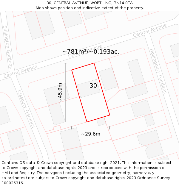 30, CENTRAL AVENUE, WORTHING, BN14 0EA: Plot and title map