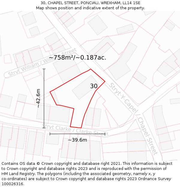 30, CHAPEL STREET, PONCIAU, WREXHAM, LL14 1SE: Plot and title map