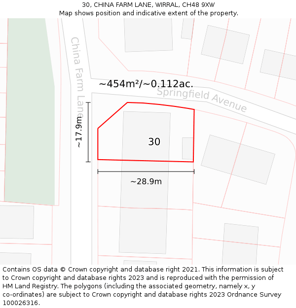 30, CHINA FARM LANE, WIRRAL, CH48 9XW: Plot and title map