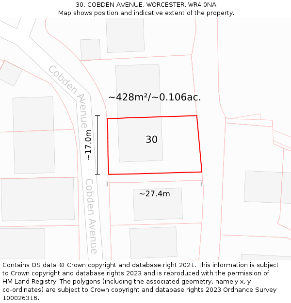 30, COBDEN AVENUE, WORCESTER, WR4 0NA: Plot and title map