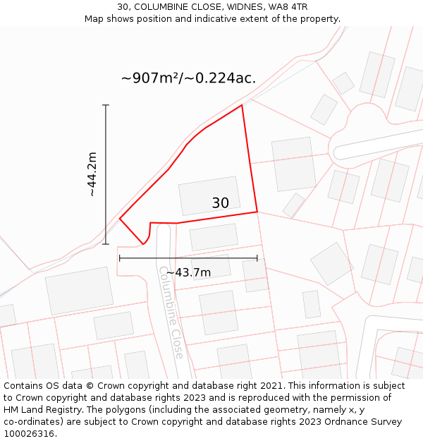 30, COLUMBINE CLOSE, WIDNES, WA8 4TR: Plot and title map